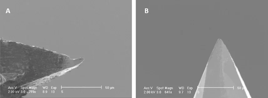 Side-by-side electron micrographs of a G28 hypodermic needle tip and a silicon microneedle tip