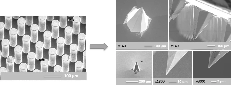 Silicon pillars before and faceted needles after KOH etching